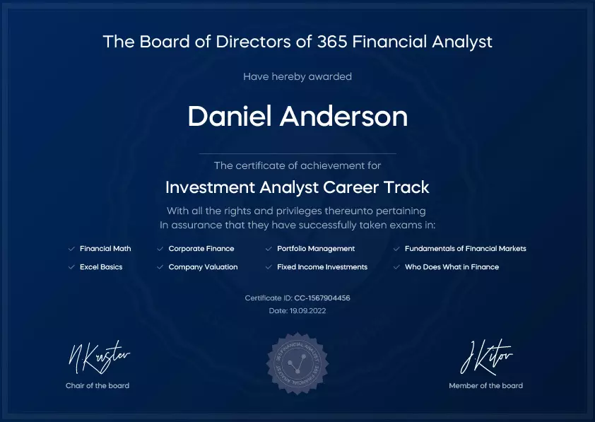 365 Financial Analyst Investment Analyst Career Track Certificate Example